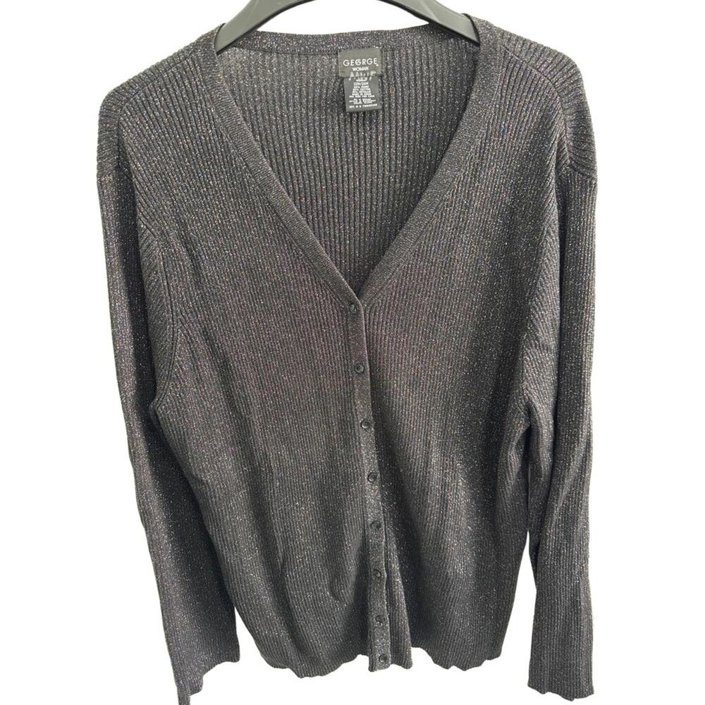 George‎ Woman Black Metallic Ribbed Button-Front Cardigan – Size 2X (22W/24W) - Picture 2 of 8